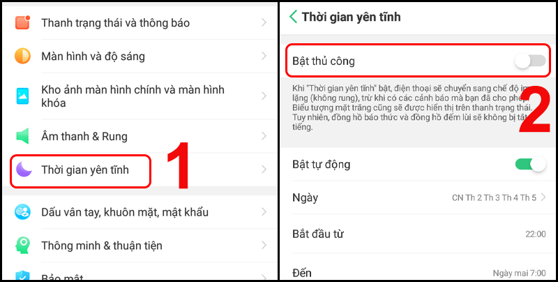 Thao t&aacute;c bật hoặc tắt chế độ Kh&ocirc;ng l&agrave;m phiền trong C&agrave;i đặt